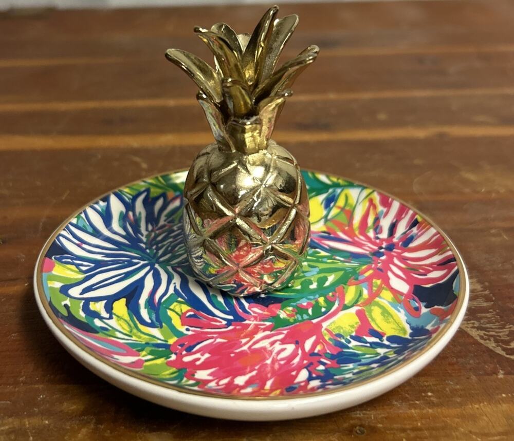 Lilly Pulitzer Travelers Palm Ring / Jewelry Holder Gold Pineapple 3 1/2”
